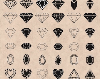 May include: A set of 42 black and white diamond shapes. The diamonds are in various styles, including classic, heart, and oval. The shapes are outlined in black and filled in with black or white.