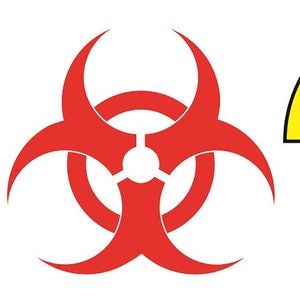 May include: Three warning symbols: a purple atom symbol, a red biohazard symbol, and a yellow radiation symbol.