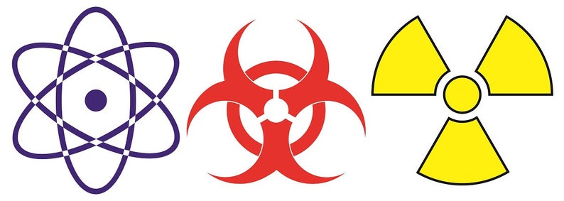 May include: Three warning symbols: a purple atom symbol, a red biohazard symbol, and a yellow radiation symbol.
