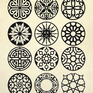 May include: Twelve black and white circular designs with intricate patterns. The designs are all different and feature geometric shapes, floral motifs, and abstract patterns.