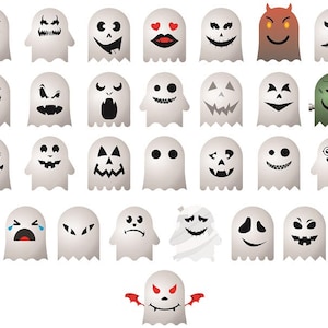 28 Halloween Ghost Emoji - Ghost Face , Monster Faces Clipart, Ghost emoticons, Ghost kawaii, Scary Faces Ghosts, PNG, SVG, AI, Eps