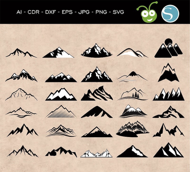 May include: A set of 25 black and white mountain range silhouette illustrations. The mountains are in various styles, including simple, detailed, and abstract.