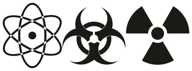 May include: Black and white symbols representing radiation, biohazard, and atomic energy.