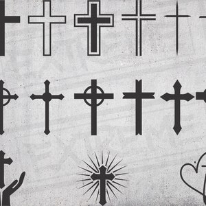 Könnte beinhalten: Eine Sammlung von 14 verschiedenen schwarzen Kreuzdesigns. Die Kreuze sind in verschiedenen Stilen, darunter einfache, verzierte und keltische.