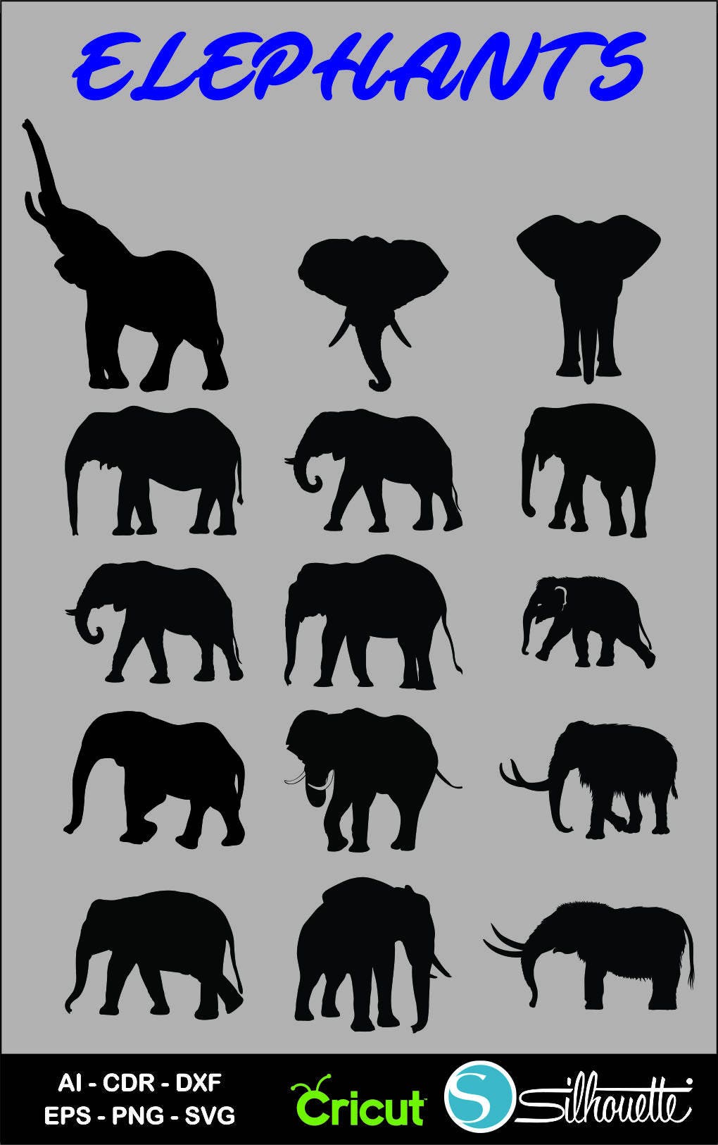 Download Elephants Silhouette Clip Art Ai Svg Dxf Eps Cdr Decals Etsy