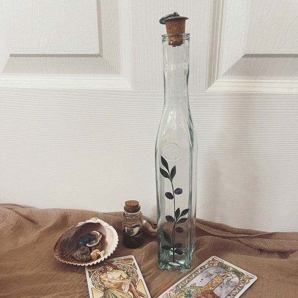 Vintage Floral Glass Offering Bottle, Green Witch Altar Tools, Deity Libations, Cottage Garden Witch Moon Water Holder, Ancestor Offerings