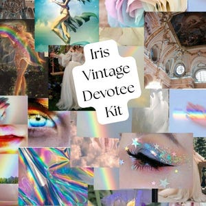 May include: A collage featuring images of rainbows, ethereal figures, flowers, and architectural details. The text "Iris Vintage Devotee Kit" is overlaid on a white shape. The color palette includes pastels, iridescent hues, and touches of gold.