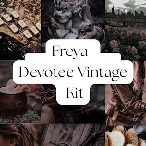 Może przedstawiać: Kolaż przedstawiający koronę, miecz i kobietę z wilkami. Tekst "Freya Devotee Vintage Kit" jest nałożony na obraz. Obraz wykorzystuje paletę brązów, złota i czerni, tworząc estetykę vintage.