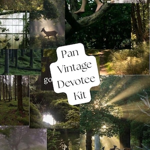 May include: A montage of forest scenes featuring deer, sunlight, and a statue. The text "Pan Vintage Devotee Kit" is displayed on a white shape. The images are predominantly green and brown, evoking a natural, woodland aesthetic.