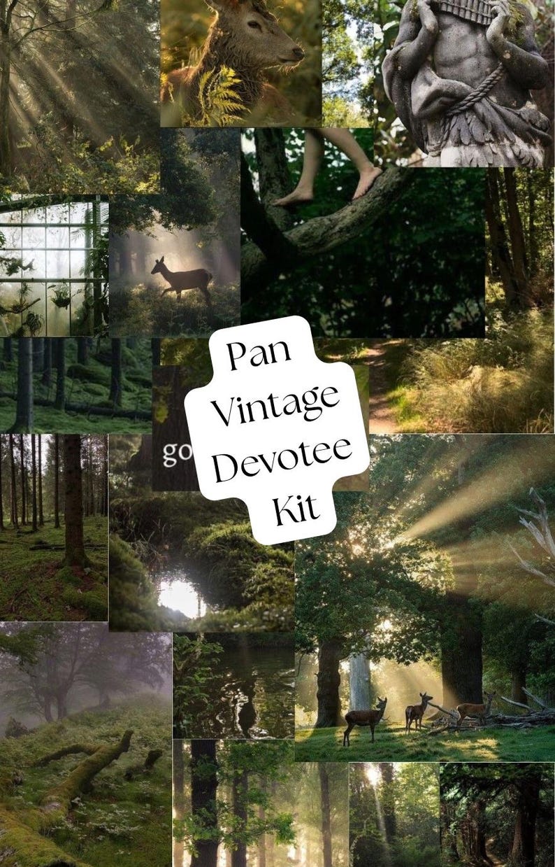 May include: A montage of forest scenes featuring deer, sunlight, and a statue. The text "Pan Vintage Devotee Kit" is displayed on a white shape. The images are predominantly green and brown, evoking a natural, woodland aesthetic.