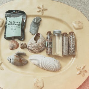 May include: A collection of seashells, small glass bottles, and a package of "The Siren's Call Shoppe Sea Witch Herb Blend" arranged on a cream-colored plate. The seashells vary in size and shape, with a variety of textures and colors.