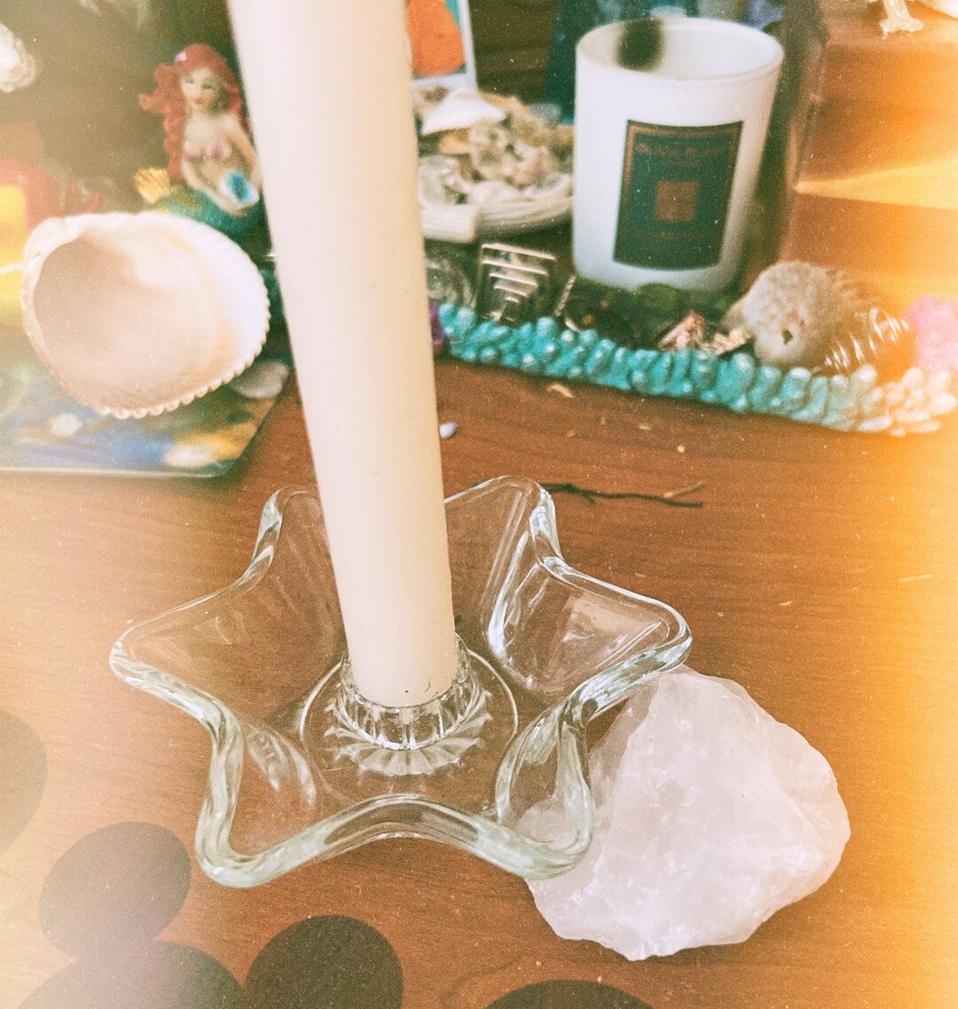 Vintage Small Glass Star Candle Holder, Deity Offering Bowl, Star