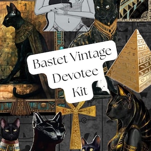 Può includere: Un collage con gatti neri con collari dorati, motivi egizi e una piramide dorata. Il testo "Bastet Vintage Devotee Kit" è centrato in un fumetto bianco. Le immagini includono varie rappresentazioni artistiche di gatti e simboli antichi.