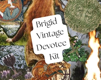 May include: A collage featuring illustrations and imagery related to Brigid, including a sun, a woman with red hair, a chalice, and a bonfire. The text "Brigid Vintage Devotee Kit" is prominently displayed.