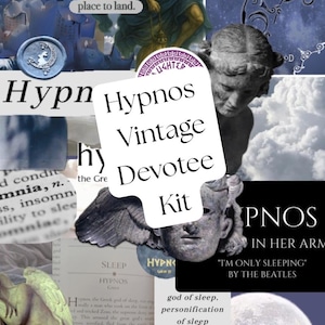 Puede incluir: Un collage de estilo vintage con imágenes clásicas y elementos de texto. Una burbuja de diálogo blanca muestra "Hypnos Vintage Devotee Kit". Otros elementos incluyen figuras de ángeles, la palabra "Hypnos" y la frase "Dreamers Open 24/7".
