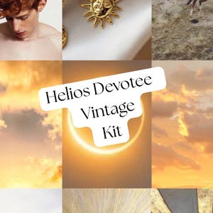 Peut inclure: Un collage avec un collier pendentif soleil doré, des chevaux et une personne. Le texte "Helios Devotee Vintage Kit" est affiché sur un fond blanc avec un cercle jaune brillant.