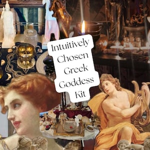 May include: A collage featuring various Greek-themed items, including bronze and white statues, a candle, and classical paintings of figures with a lyre. The central white text overlay reads Intuitively Chosen Greek Goddess Kit.