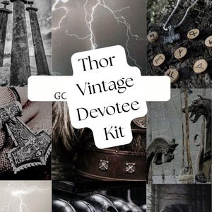 May include: A collage of images with a vintage theme, featuring elements of Norse mythology. Includes images of a shield, axes, carved wood, a fur pelt, lightning, a Thor's hammer pendant, runes, helmets, and a wolf. Text reads "Thor Vintage Devotee Kit."