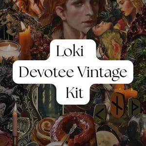 Puede incluir: Un collage con un retrato central de una persona pelirroja, rodeado de velas, comida y otros objetos místicos. El texto "Loki Devotee Vintage Kit" se muestra en un cuadro blanco.