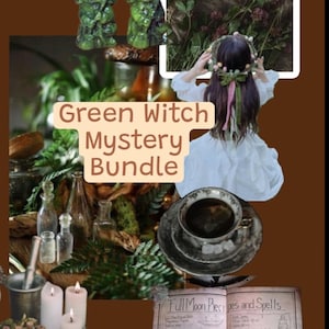 May include: A collage featuring a 'Green Witch Mystery Bundle' with various mystical items. Includes green witch figurines, a woman with a flower crown, a cup of coffee, candles, copper pots, and a spell book with the text 'Full Moon Recipes and Spells'.