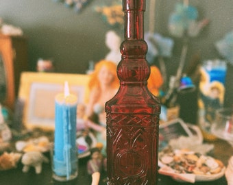 Vintage Red Deity Offering Vase, Dark Blue Whisky Decanter, Sea Witch Altar Tools, Deity Libations, Deity Libations Ancestor Offerings