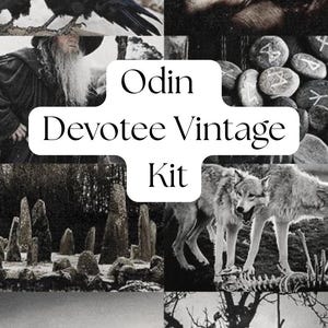 Peut inclure: Un collage en noir et blanc avec le texte "Odin Devotee Vintage Kit". Les images incluent un corbeau, une figure avec une longue barbe blanche, des loups, des pierres avec des runes et un arbre avec un nœud coulant.