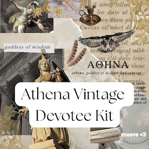 Puede incluir: Imagen estilo collage con arte clásico, detalles dorados y elementos de texto. Destaca el texto "Athena Vintage Devotee Kit". Otros textos incluyen "Don't stop until you're proud" y "goddess of wisdom".