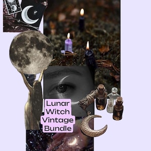 May include: A collage featuring a woman holding a moon, candles, potion bottles, and a crescent moon pendant. The text "Lunar Witch Vintage Bundle" is displayed in a purple box. The image has a mystical, vintage aesthetic.
