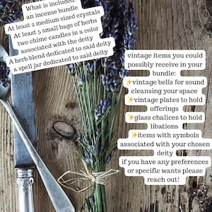 May include: A bunch of lavender tied with twine, a silver knife and spoon, and text detailing included items: incense, crystals, herbs, candles, a herb blend, and a spell jar. Further text lists possible vintage items.