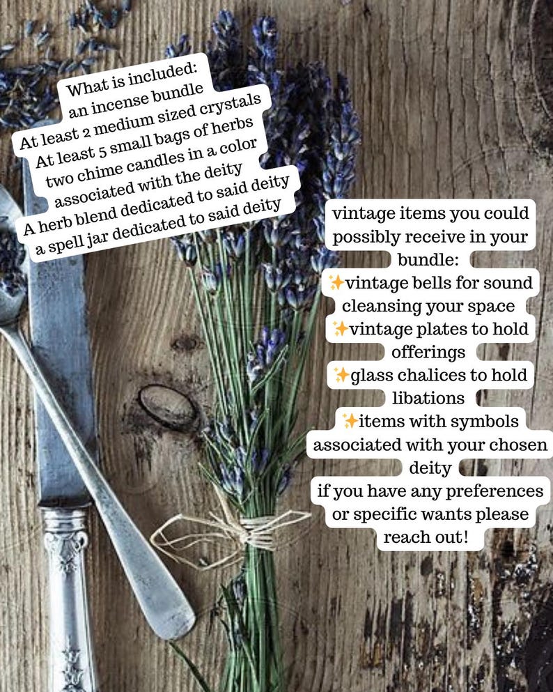 May include: A bunch of lavender tied with twine, a silver knife and spoon, and text detailing included items: incense, crystals, herbs, candles, a herb blend, and a spell jar. Further text lists possible vintage items.