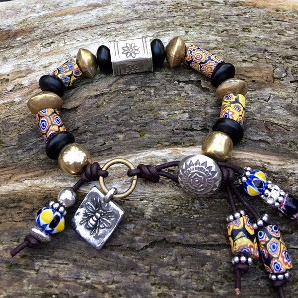 Trade Bead Bracelet, antique African trade beads, Venetian millefiori beads, bee bracelet, bee charm, fine silver and leather, eclectic boho