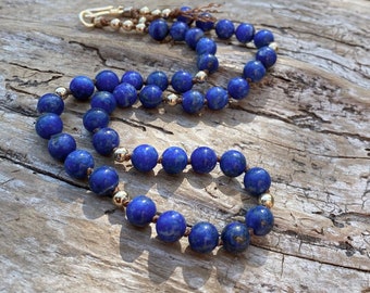 Lapis Lazuli Necklace hand knotted 14k gold filled beads minimalist style fancy boho Hill Tribe Gold Vermeil hook simple elegant style OOAK