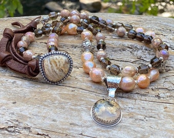 Pearl Necklace, Plume Agate artisan pendant, pearl lover gift, Smokey Quartz, Plume Agate button, mystic peach Moonstone, elegant boho chic