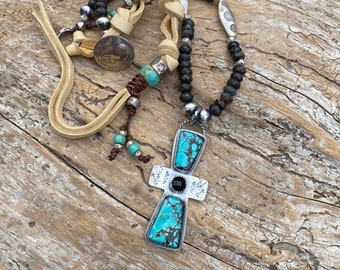 Turquoise Cross Pendant Necklace, black Opal beaded necklace, Buffalo nickel button, Sundance style, artisan handmade boho necklace