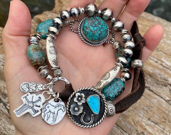 Western Boho Cowgirl Bracelet, Hubei turquoise, artisan handmade, Navajo pearls, Kingman turquoise button, Horse lover gift, cowgirl gift