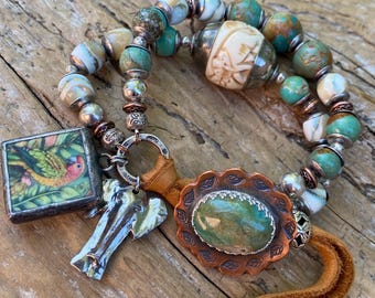 Elephant Boho Bracelet: Hubei Turquoise, Mother of Pearl, Opal Wood Copper Button, Parrot Charm, Artisan Handmade, Jungle Tribal Earthy