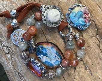 Angel Bunny Bracelet Cuff: Moon Button, Boho Chic, Crystal, Aquamarine, Sunstone, Snowflake Charm, Face