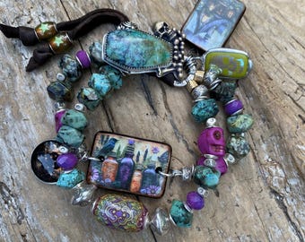 Halloween Bracelet: Coffin Button Closure, African Turquoise, Haunted House Charms, Potions Ceramic Cuff, Skull Charm, Spooky Gothic Chic