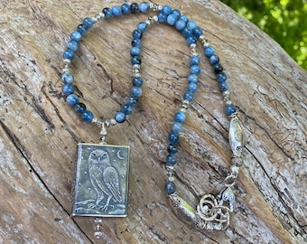 Anne Choi Owl Pendant Necklace, natural Stormy Blue Santa Maria Aquamarine necklace, Owl necklace, artisan handmade, owl lover boho necklace