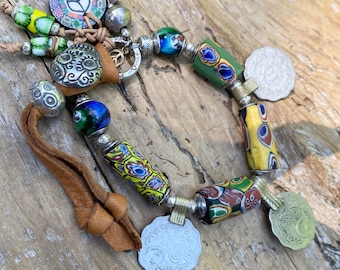 Kuchi Coin Bracelet: Artisan Sugar Skull Button, Belly Dancing Accessory, Vintage African Trade Beads, Tribal Boho Funky OOAK, Peace Charm