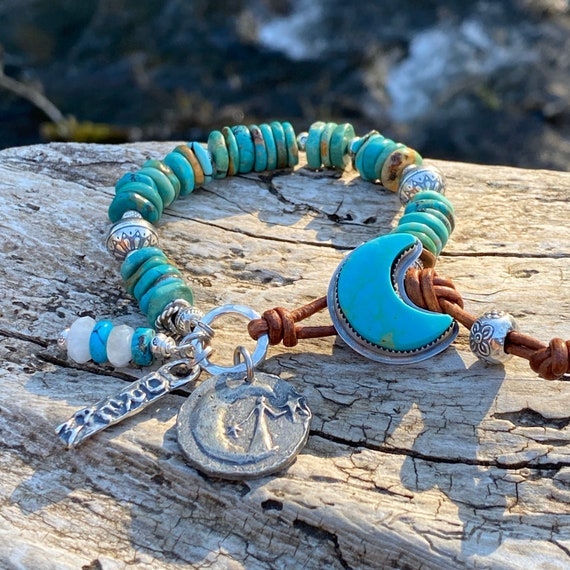 Genuine Turquoise Bracelet, western boho bracelet, Baja turquoise moon button, rustic earthy turquoise, moon Goddess charm, dream charm
