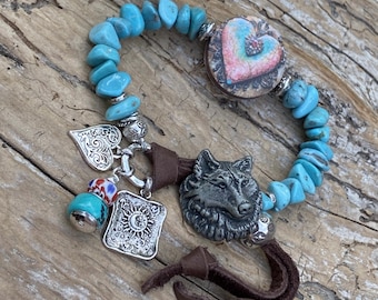 Kingman Turquoise Bracelet: Wolf Button, Heart Focal, Sun Heart Charm, Genuine Turquoise, Boho Hippie Chic