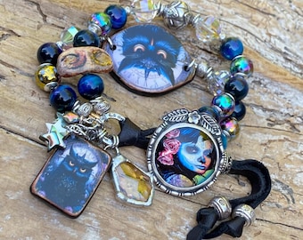 Black Owl Bracelet: Ceramic Bracelet Cuff, Katrina Button, Day of the Dead, Owl Charm, Tigers Eye, Artisan Handmade, Face Bead, Crystal