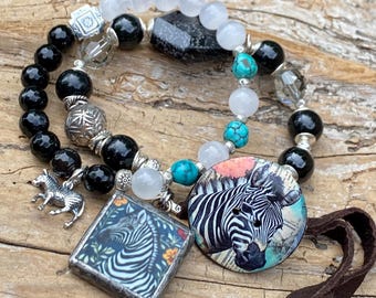 Zebra Bracelet: Zebra Button and Charm, Black Obsidian, Moonstone, Turquoise, Black Fossil Coral, Silver Zebra Charm, Boho Hippie Chic OOAK