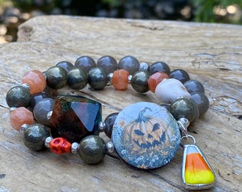 Pumpkin Stretch Bracelet: Scary Pumpkin Focal Bead, Black Moonstone, Pyrite, Sunstone, Candy Corn Charm, Skulls, Hill Tribe Fine Silver