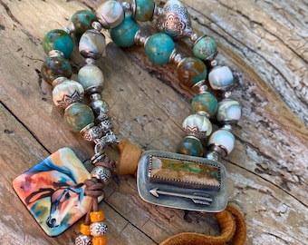 Western Boho Bracelet: Hubei Turquoise, Mother of Pearl, Royston Ribbon Turquoise Button, Horse Charm, Heart Focal, Artisan Handmade OOAK