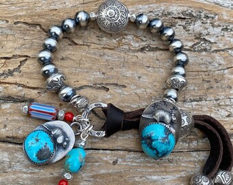 Sterling Silver Navajo Pearls Bracelet, boho chic style, handmade turquoise Armadillo button and charm, artisan silver southwestern bracelet