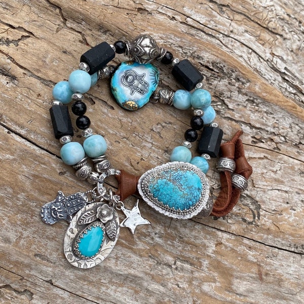 Larimar Beaded Boho Bracelet, Hamsa hand bracelet, micro webbed Hubei turquoise button, black Tourmaline, turquoise charm, artisan handmade