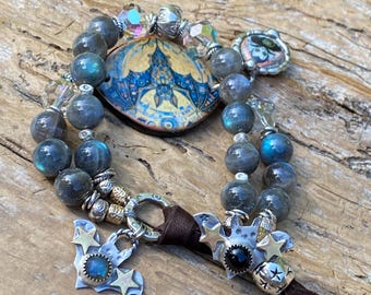 Ominous Bat Bracelet: Vampire Vibes Bat, Ceramic Bracelet Cuff, Swarovski Crystal, Sunstone, Jade, Turquoise Button,  Artisan Handmade OOAK