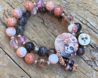 Artisan Halloween Stretch Bracelet Set: Sugar Skull Focal, Black Moonstone, Crystal Beads, Skull Bead, Gothic Boho Chic